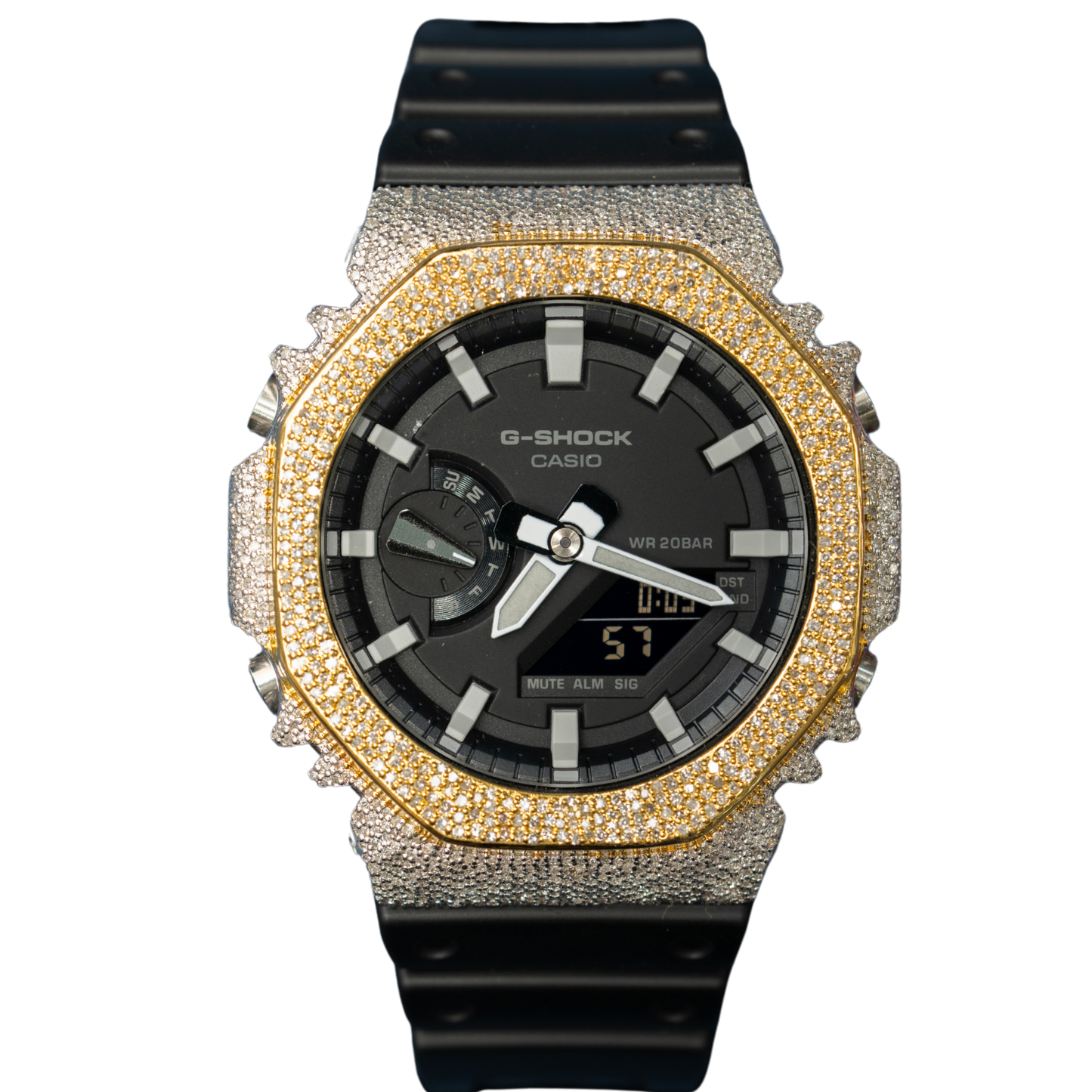 Casio Iced out G Shock Analog Two Tone White/Yellow Gold with Black Dial