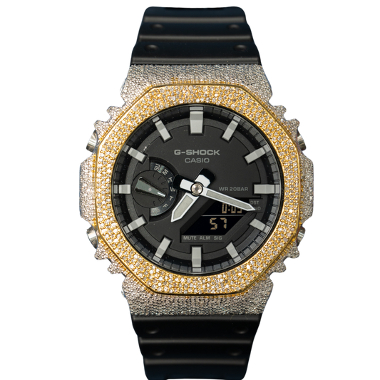 Casio Iced out G Shock Analog Two Tone White/Yellow Gold with Black Dial