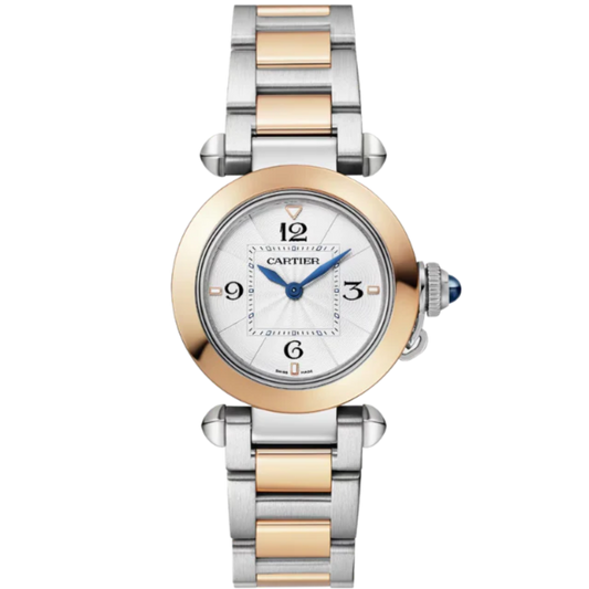 PASHA DE CARTIER 30 MM STAINLESS STEEL WITH 18K ROSE GOLD BEZEL AND OPALINE FLINQUE DIAL