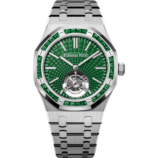Royal Oak Selfwinding Flying Tourbillon 41MM Titanium Bracelet Green Dial With Evolutive Tapisserie Pattern Titanium Case 18-Carat White Gold Bezel Set With Baguette-Cut Emeralds
