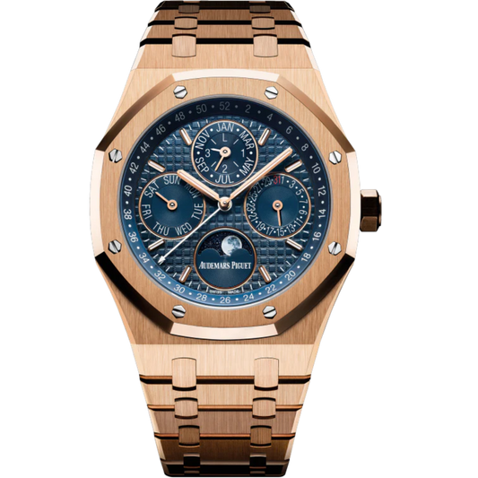 Royal Oak Perpetual Calendar 41MM 18-Carat Pink Gold Bracelet Blue Dial With Grande Tapisserie Pattern 18-Carat Pink Gold Case