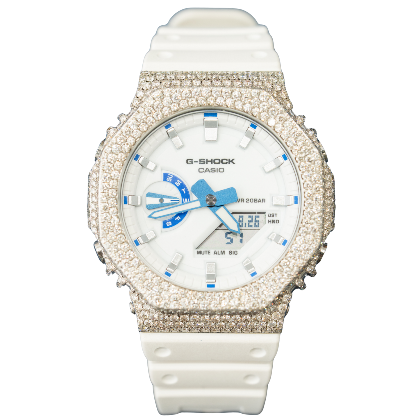 Casio Iced out G Shock Analog (White Gold with White Dial and Strap)