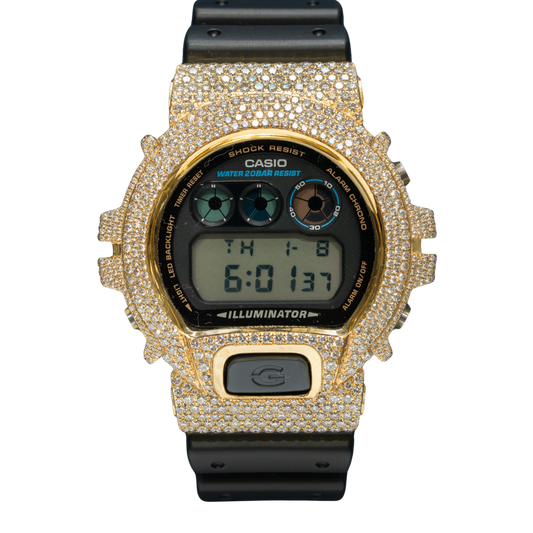 Casio Iced out G-SHOCK Honeycomb Setting All Yellow Bezel 7.50 CTW Diamonds Black Dial