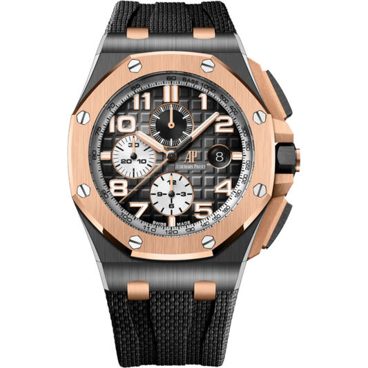Royal Oak Offshore Selfwinding Chronograph 44MM Grey Rubber Strap With Textile Decoration Smoked Grey Dial With Mega Tapisserie Pattern Black Ceramic Case 18-Carat Pink Gold Bezel