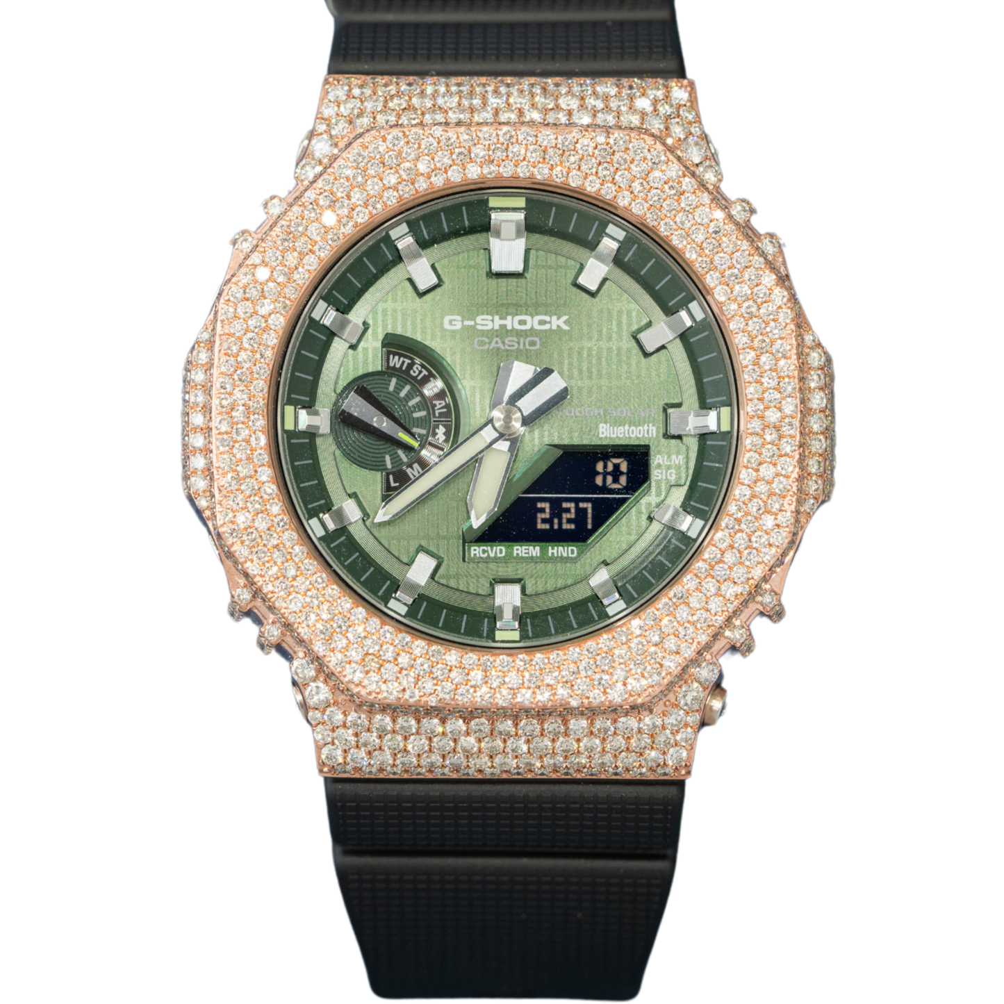 Casio Iced out G-SHOCK Honeycomb Setting All Rose Bezel 8.20 CTW Diamonds (Olive Green Dial)
