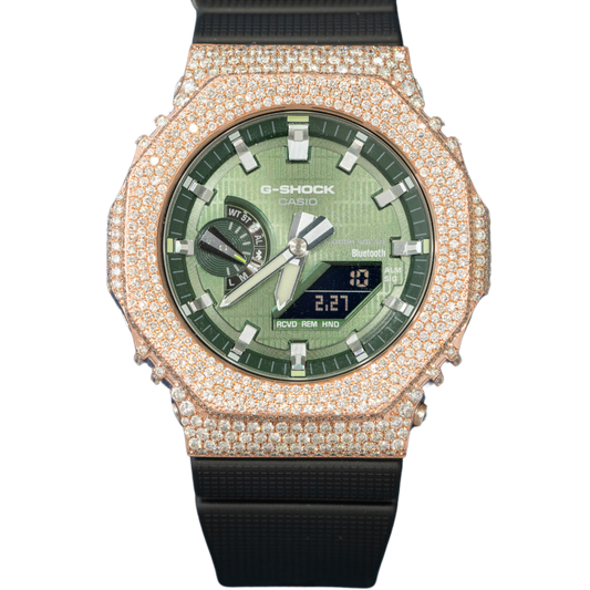 Casio Iced out G-SHOCK Honeycomb Setting All Rose Bezel 8.20 CTW Diamonds (Olive Green Dial)