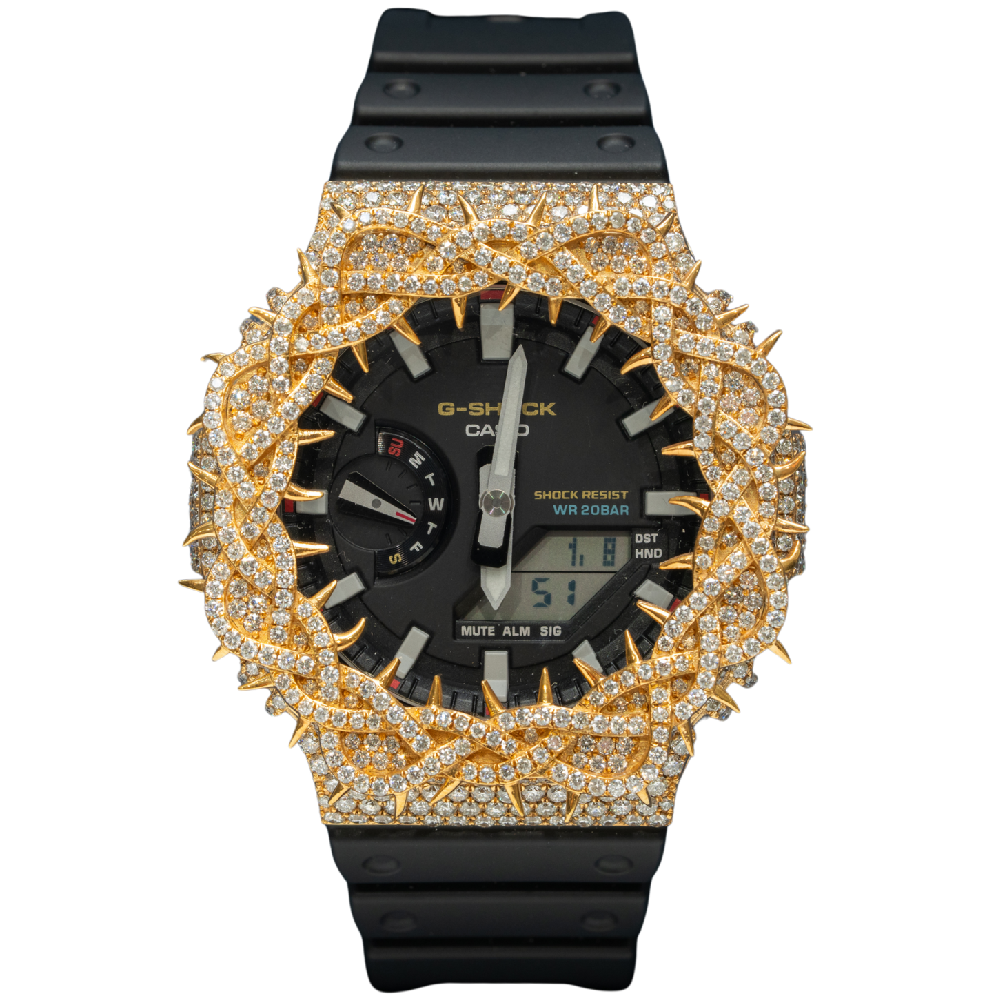 Casio Iced out G-SHOCK All Yellow Bezel 7.50 CTW Diamonds Black Dial with Thorns