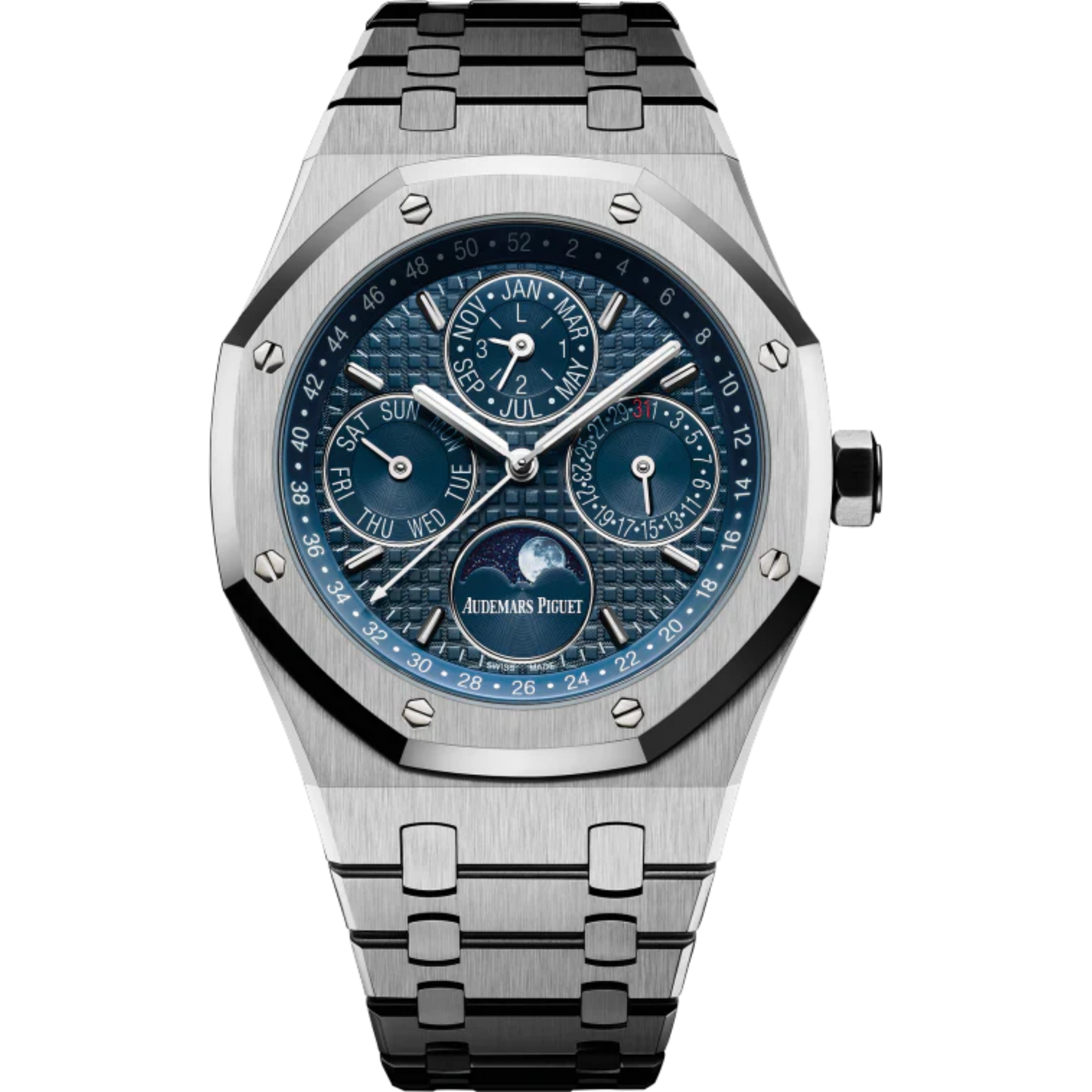 Royal Oak Perpetual Calendar 41MM Stainless Steel Bracelet Blue Dial With Grande Tapisserie Pattern Stainless Steel Case