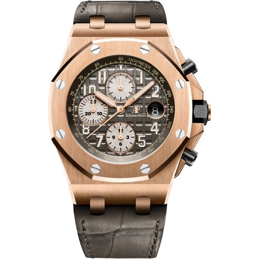Royal Oak Offshore Selfwinding Chronograph 42MM Grey Alligator Strap Grey Ruthenium-Toned Dial With Méga Tapisserie Pattern 18-Carat Pink Gold Case