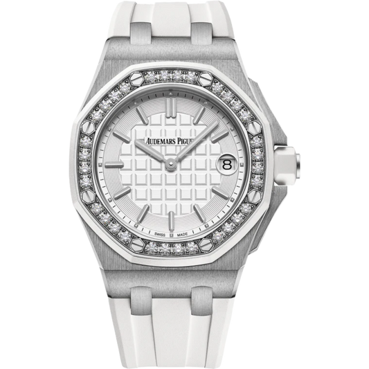 Royal Oak Offshore Quartz 37MM White Rubber Strap Light Silver-Toned Dial With Méga Tapisserie Pattern Stainless Steel Case White Rubber-Clad Diamond-Set Bezel and Crown