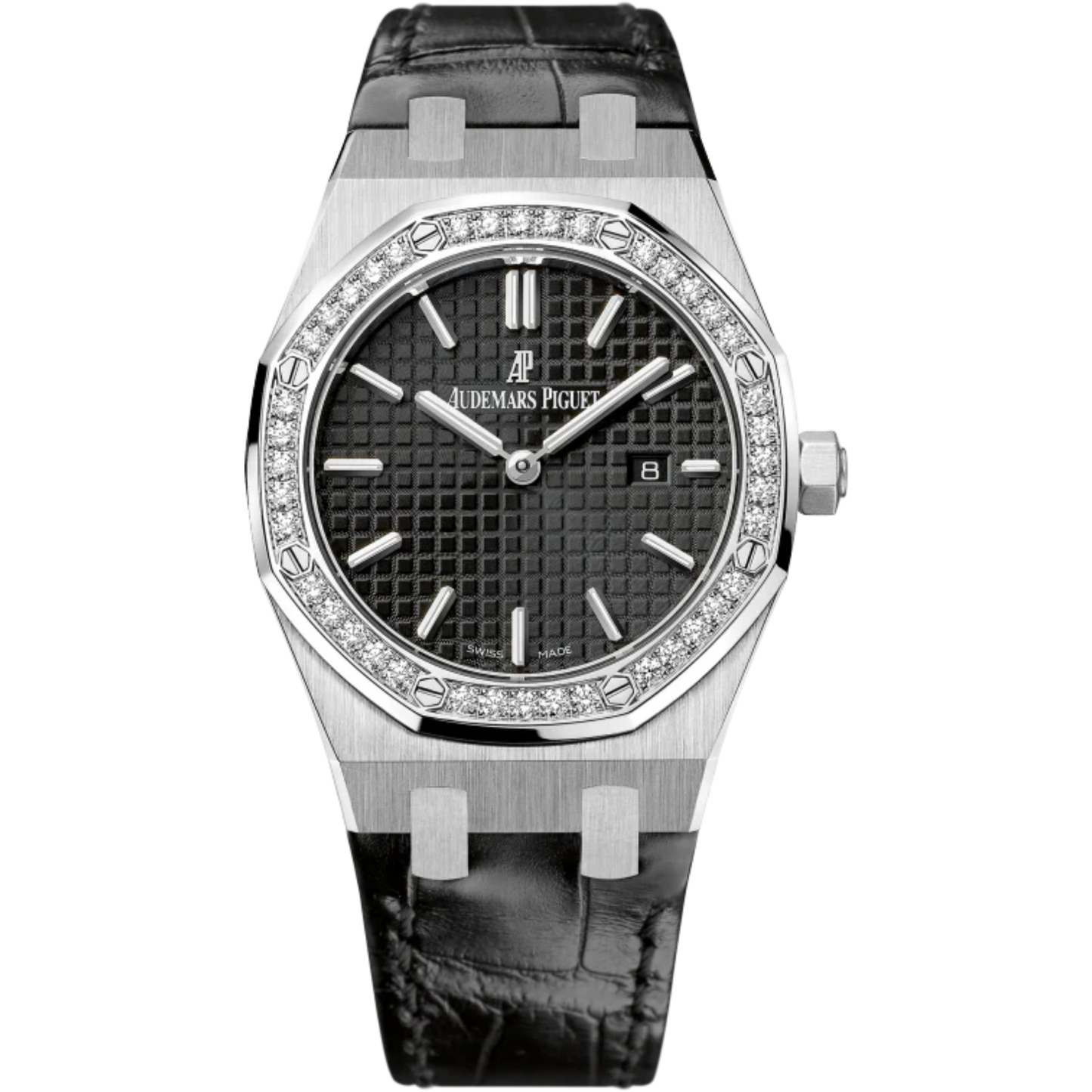 Royal Oak Quartz 33MM Black Alligator Strap Black Dial With Grande Tapisserie Pattern Stainless Steel Case Diamond-Set Bezel