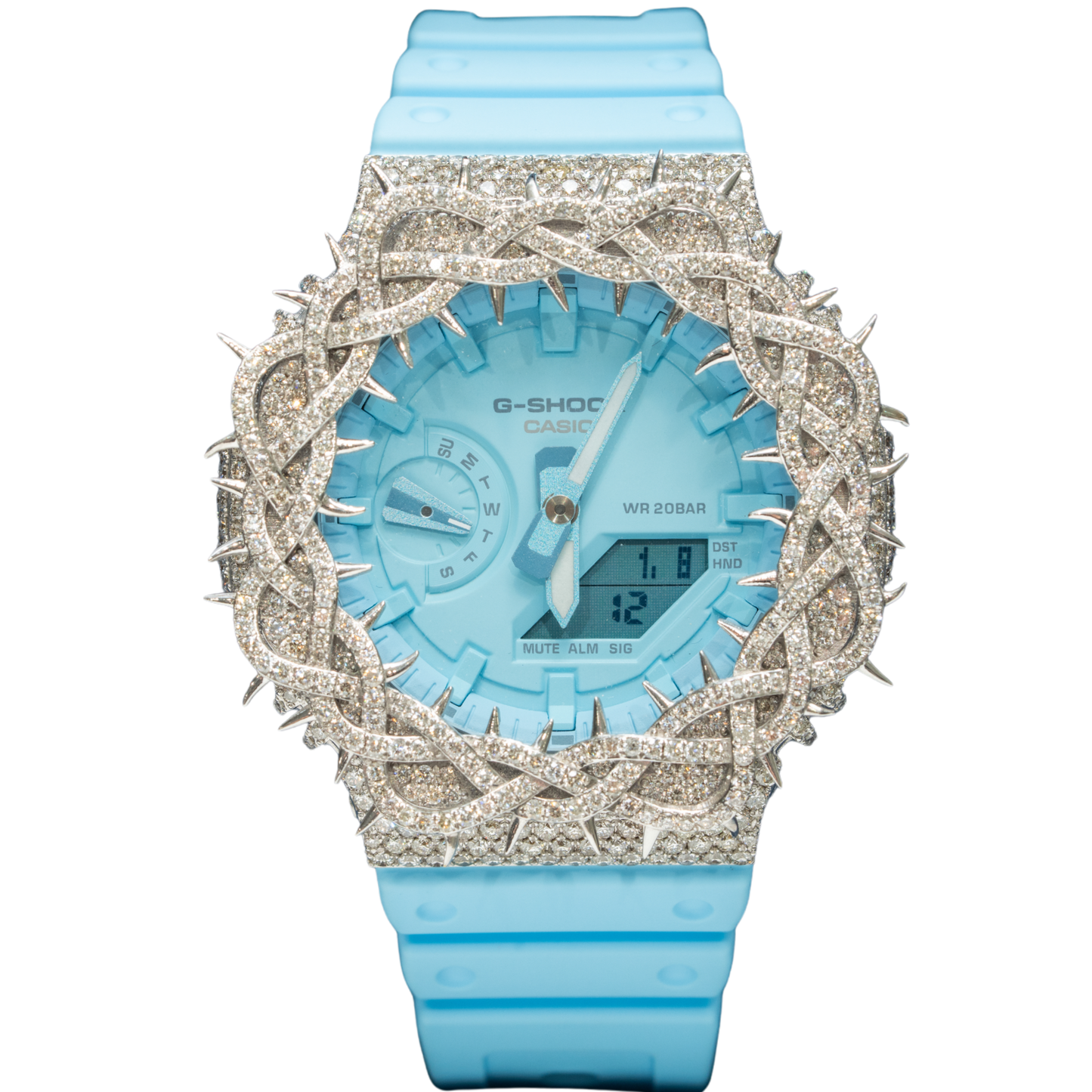 Casio Iced out G-SHOCK All White Bezel 7.50 CTW Diamonds Blue Dial with Thorns