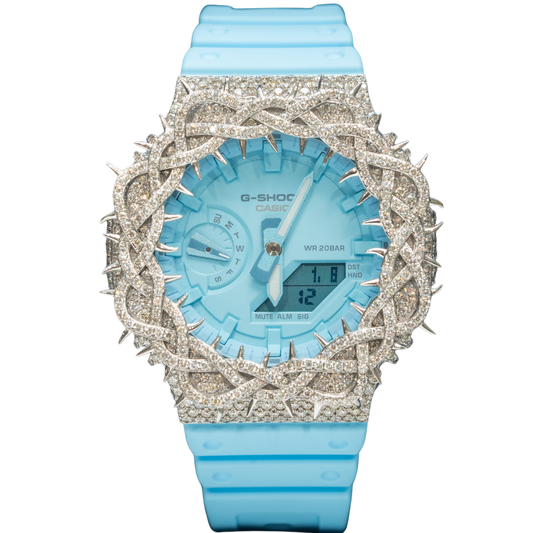 Casio Iced out G-SHOCK All White Bezel 7.50 CTW Diamonds Blue Dial with Thorns