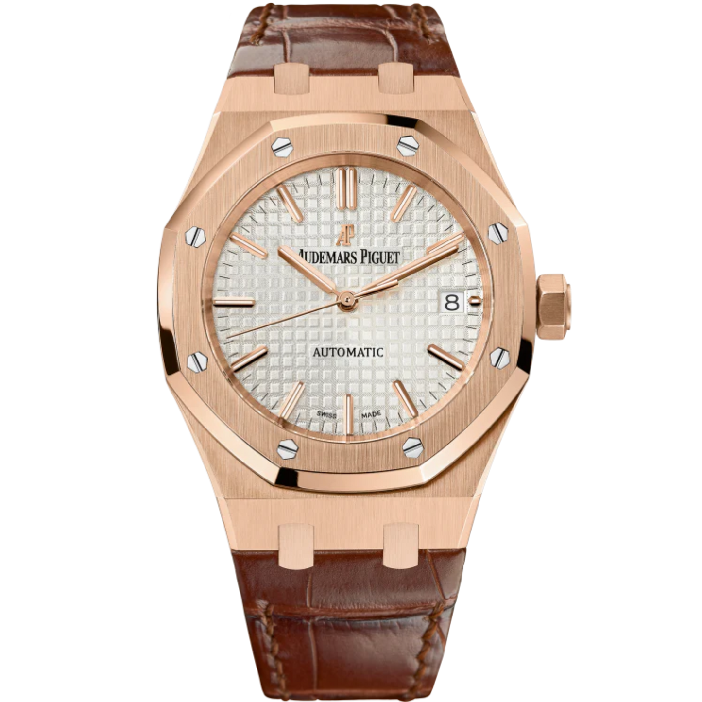 Royal Oak Selfwinding 37MM Brown Alligator Strap Silver-Toned Dial With Grande Tapisserie Pattern 18-Carat Pink Gold Case