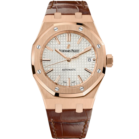 Royal Oak Selfwinding 37MM Brown Alligator Strap Silver-Toned Dial With Grande Tapisserie Pattern 18-Carat Pink Gold Case