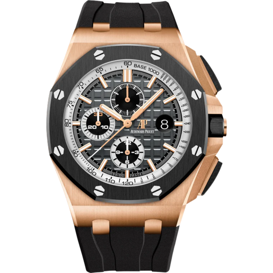 Royal Oak Offshore Selfwinding Chronograph 44MM Black Rubber Strap Slate Grey Dial With Méga Tapisserie Pattern 18-Carat Pink Gold Case Black Ceramic Bezel
