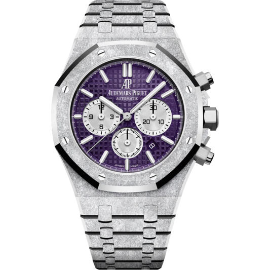 Royal Oak Frosted Gold Selfwinding Chronograph 41MM Hammered 18-Carat White Gold Bracelet Plum Purple Dial With Grande Tapisserie Pattern Hammered 18-Carat White Gold Case