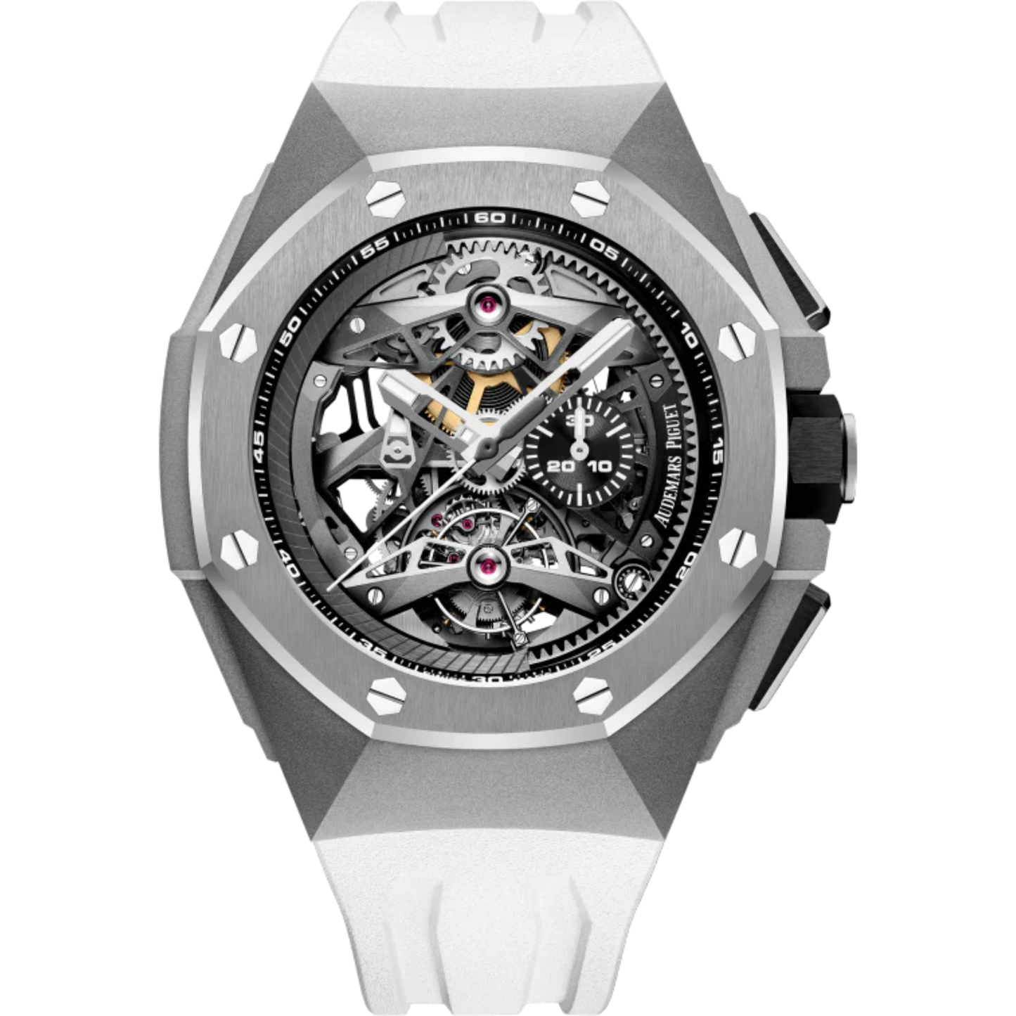 Royal Oak Concept 44MM Tourbillon Chronograph Openworked Selfwinding White Rubber Strap Openwork Dial Sandblasted Titanium Case