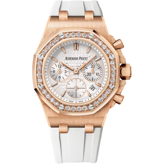Royal Oak Offshore Chronograph 37MM White Rubber Strap Silver-Toned Dial With New Lady Tapisserie Pattern 18-Carat Pink Gold Case Diamond-Set Bezel
