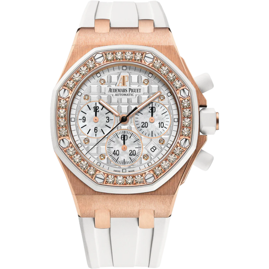 Royal Oak Offshore Chronograph 37MM White Rubber Strap Silvered Dial With Méga Tapisserie Pattern 18-Carat Pink Gold Case Diamond-Set Bezel