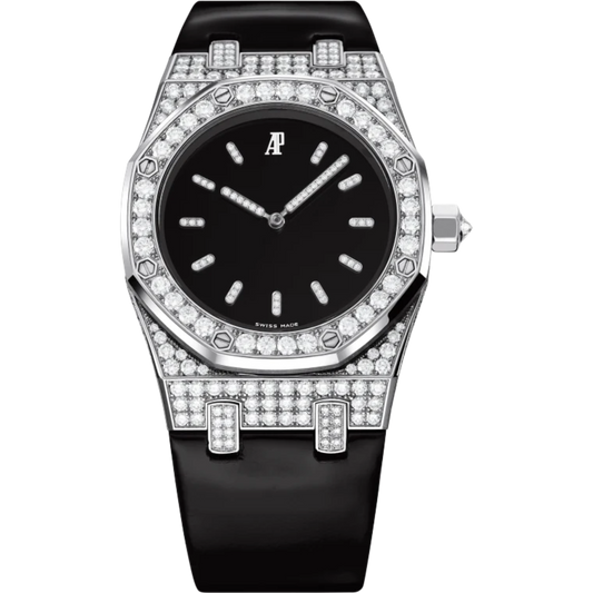 Royal Oak Tuxedo 33MM Black Leather Strap Polished Lacquered Black Dial 18-Carat White Gold Case Bezel Set With Brilliant-Cut Diamonds