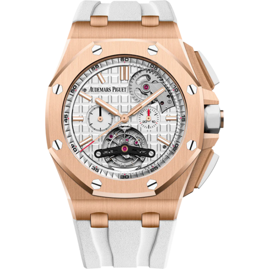 Royal Oak Offshore Tourbillon Chronograph Selfwinding 44MM White Rubber Strap Silver-Toned Dial With Méga Tapisserie Pattern 18-Carat Pink Gold Case