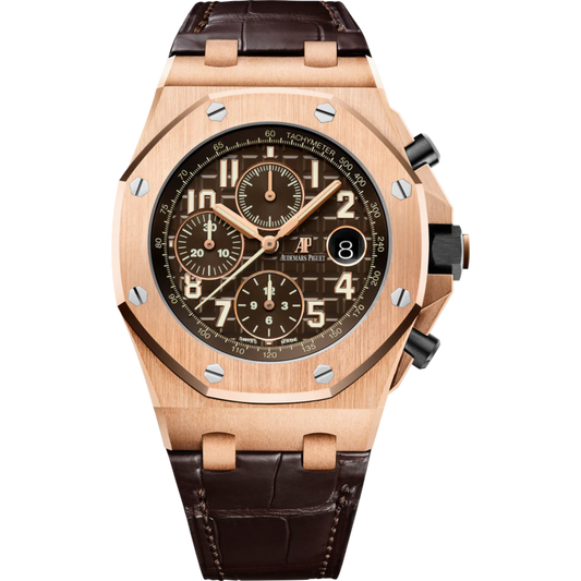 Royal Oak Offshore Selfwinding Chronograph 42MM Brown Alligator Strap Brown Dial With Méga Tapisserie Pattern 18-Carat Pink Gold Case