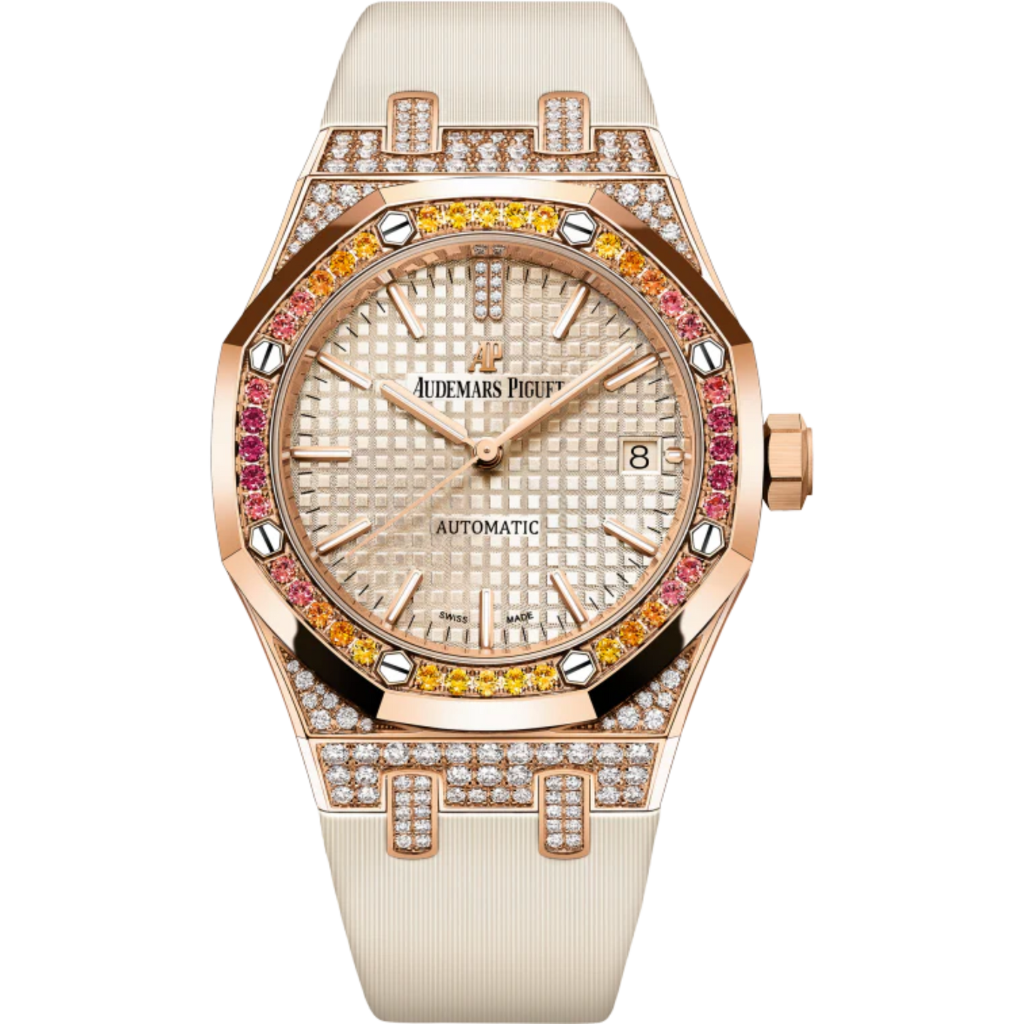 Royal Oak Selfwinding 37MM Beige Satin-Finished Calfskin Strap Beige Dial With Grande Tapisserie Pattern 18-Carat Pink Gold Case Bezel Set With Orange Brilliant-Cut Graded Sapphires, Garnet and Spessartites