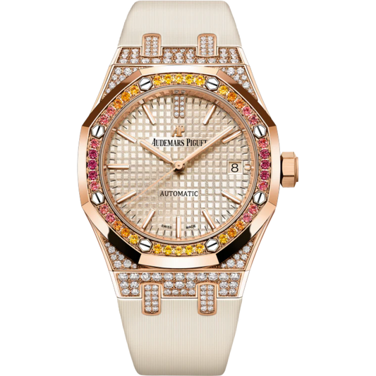 Royal Oak Selfwinding 37MM Beige Satin-Finished Calfskin Strap Beige Dial With Grande Tapisserie Pattern 18-Carat Pink Gold Case Bezel Set With Orange Brilliant-Cut Graded Sapphires, Garnet and Spessartites