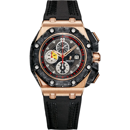Royal Oak Offshore Grand Prix Chronograph 44MM Black Leather Strap  Black Dial With Méga Tapisserie Pattern 18 Carats Pink Gold Case Black Ceramic and Forged Carbon Bezel