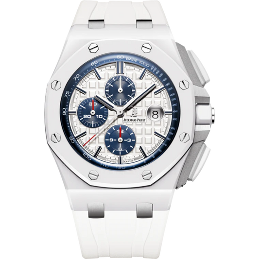 Royal Oak Offshore Chronograph 44MM White Rubber Strap Light Silver-Toned Dial With Méga Tapisserie Pattern White Ceramic Case and Bezel