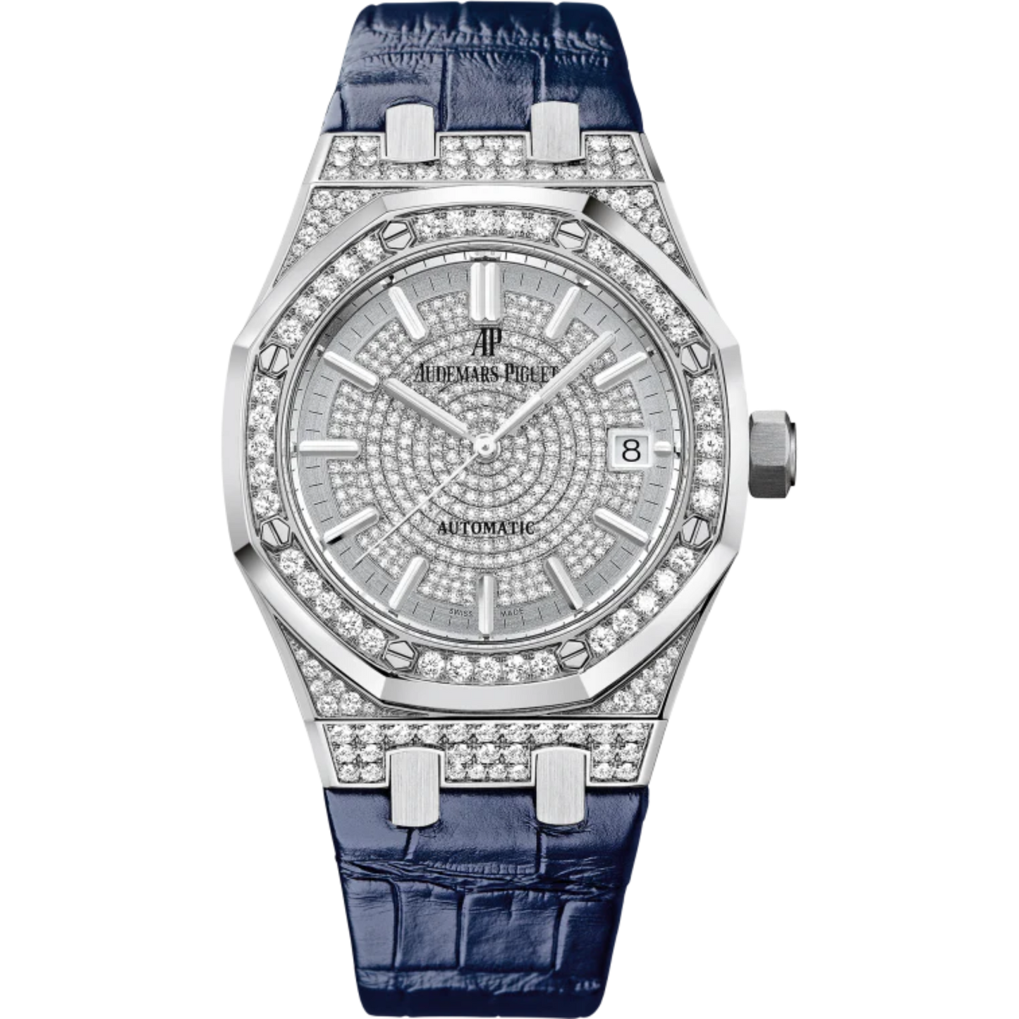 Royal Oak Selfwinding 37MM Blue Alligator Strap Diamond-Paved Dial With Grande Tapisserie Guilloché Pattern 18-Carat White Gold Case