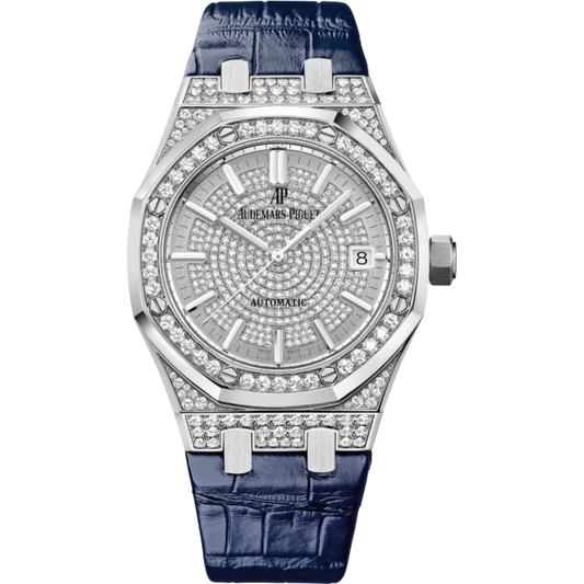 Royal Oak Selfwinding 37MM Blue Alligator Strap Diamond-Paved Dial With Grande Tapisserie Guilloché Pattern 18-Carat White Gold Case