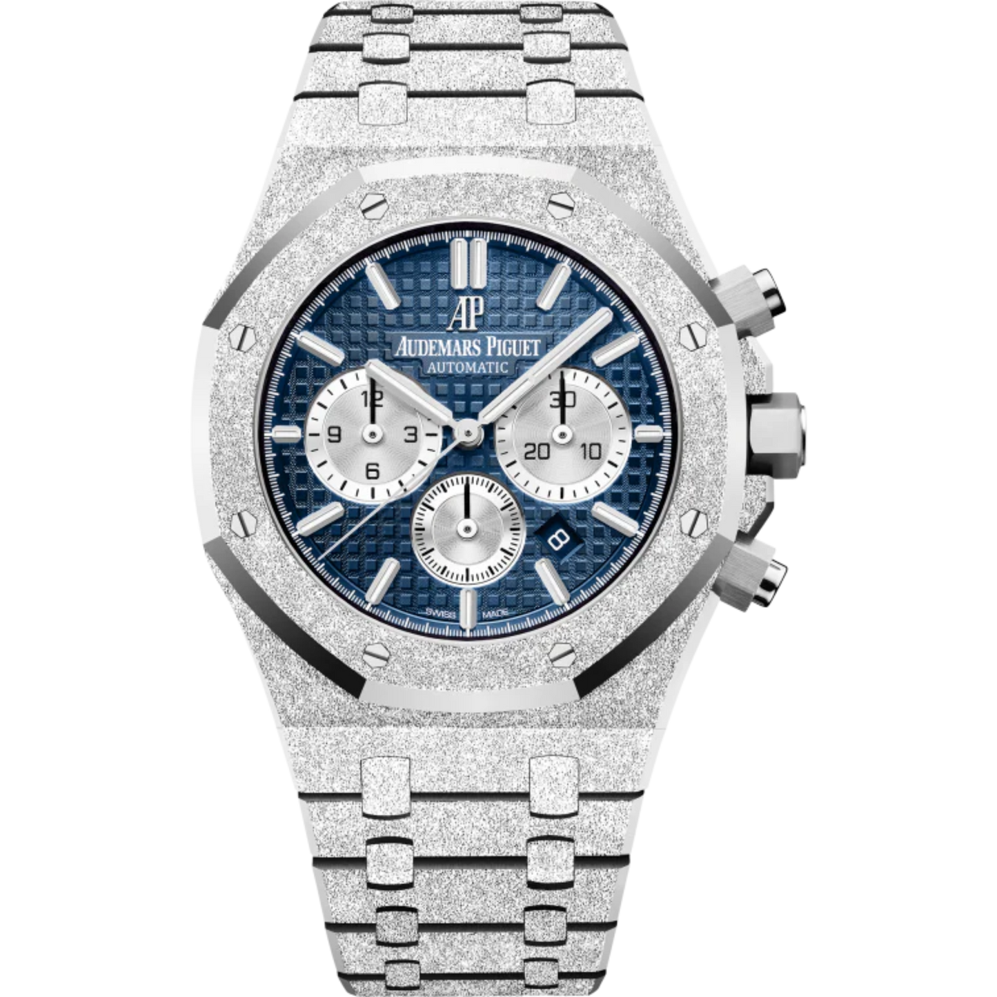 Royal Oak Frosted Gold Selfwinding Chronograph 41MM Hammered 18-Carat White Gold Bracelet Blue Dial With Grande Tapisserie Pattern Hammered 18-Carat White Gold Case