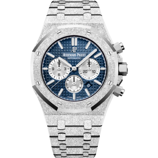 Royal Oak Frosted Gold Selfwinding Chronograph 41MM Hammered 18-Carat White Gold Bracelet Blue Dial With Grande Tapisserie Pattern Hammered 18-Carat White Gold Case
