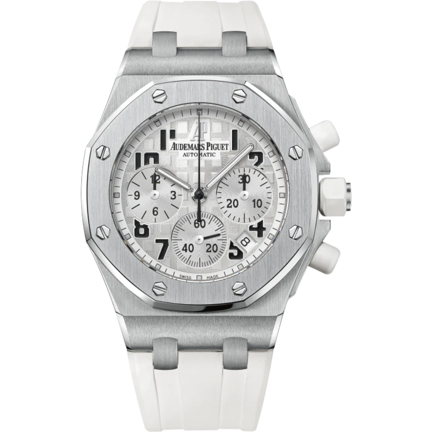 Royal Oak Offshore Chronograph 37MM White Rubber Strap Silver-Toned Dial With Méga Tapisserie Pattern Stainless Steel Case