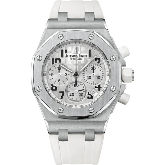 Royal Oak Offshore Chronograph 37MM White Rubber Strap Silver-Toned Dial With Méga Tapisserie Pattern Stainless Steel Case