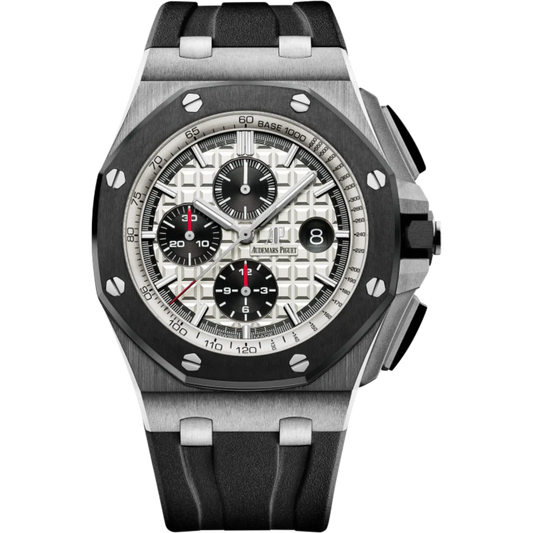 Royal Oak Offshore Chronograph 44MM Black Rubber Strap Silver-Toned Dial With Méga Tapisserie Pattern Stainless Steel Case