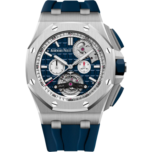 Royal Oak Offshore Tourbillon Chronograph Selfwinding 44MM Blue Rubber Strap Blue Dial With Méga Tapisserie Pattern Stainless Steel Case