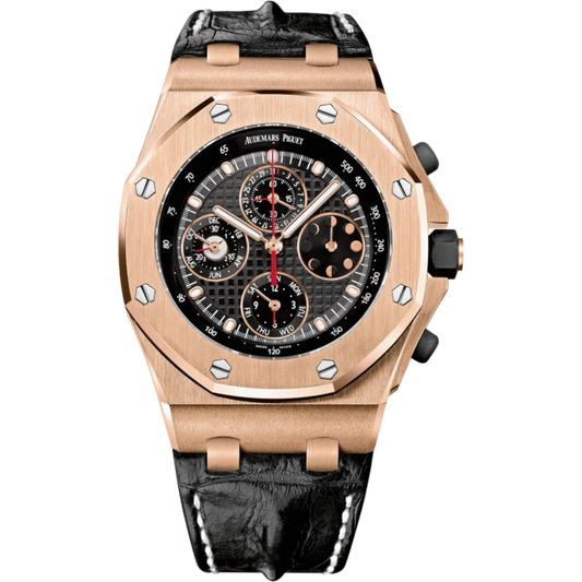 Royal Oak Offshore Chronograph Perpetual Calendar 42MM Black Alligator Strap Black Dial With Grande Tapisserie Pattern 18-Carat Pink Gold Case
