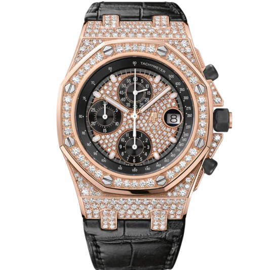 Royal Oak Offshore Chronograph 42MM Black Alligator Strap Diamond-Paved Dial 18-Carat Pink Gold Case Entirely Set With Diamonds