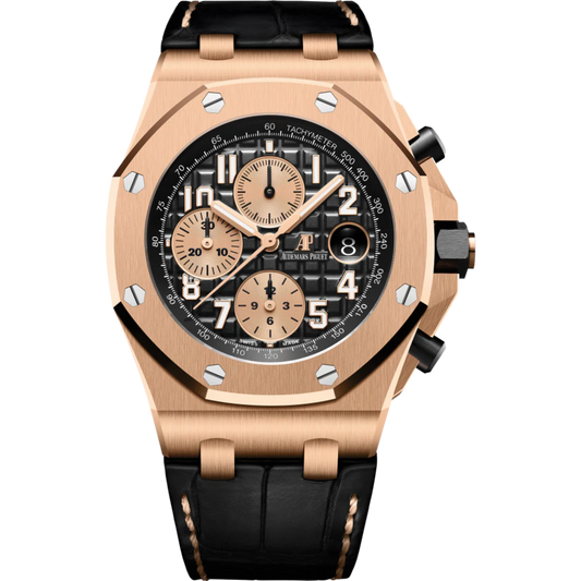 Royal Oak Offshore Selfwinding Chronograph 42MM Black Alligator Strap Black Dial With Méga Tapisserie Pattern 18-Carat Pink Gold Case