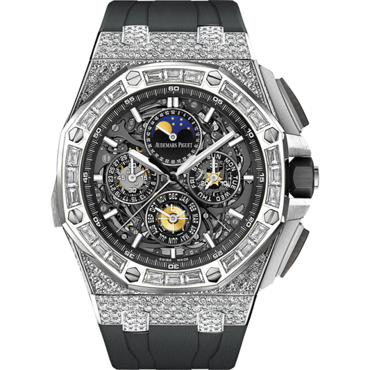 Royal Oak Offshore Grande Complication Openworked 44MM Black Rubber Strap Sapphire Dial 18-Carat White Gold Case 18-Carat White Gold Bezel Set With Baguette-Cut Diamonds
