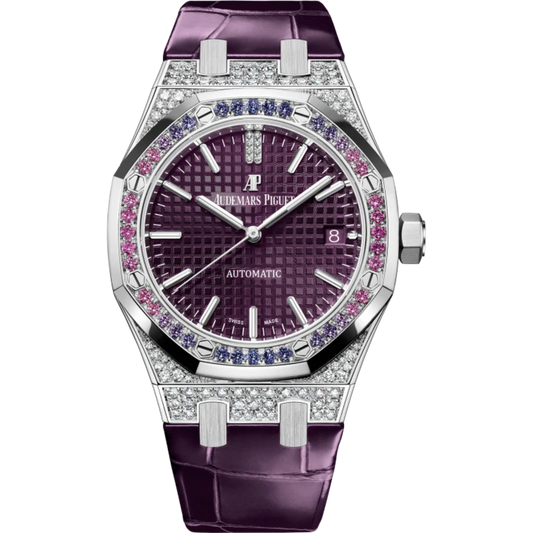 Royal Oak Selfwinding 37MM Purple Alligator Strap Purple Dial With Grande Tapisserie Pattern 18-Carat White Gold Case Bezel Set With Brilliant-Cut Sapphires