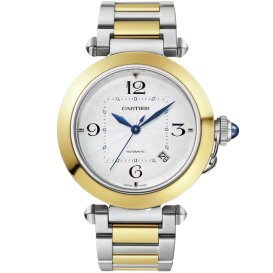 PASHA DE CARTIER 41 MM STAINLESS STEEL WITH 18K YELLOW GOLD BEZEL AND SILVER FLINQUE DIAL