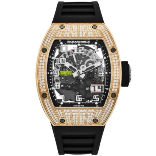RM 029 Rose Gold Full Pave Diamond Rubber Strap Skeleton Dial Rose Gold Diamond Set Case
