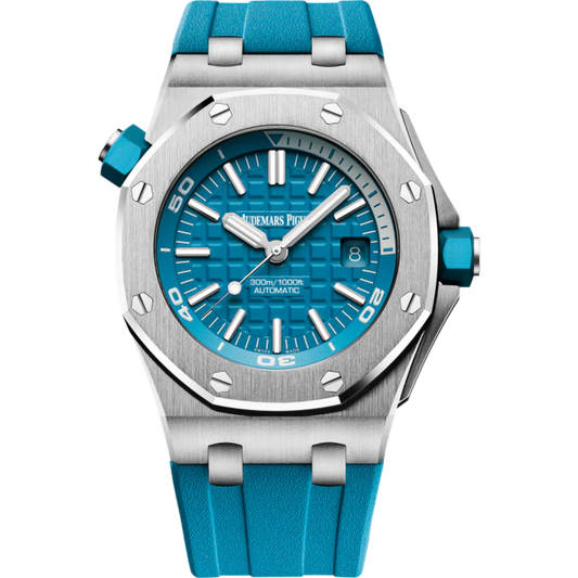 Royal Oak Offshore Diver 42MM Turquoise Blue Rubber Strap Turquoise Blue Dial With Méga Tapisserie Pattern Stainless Steel Case
