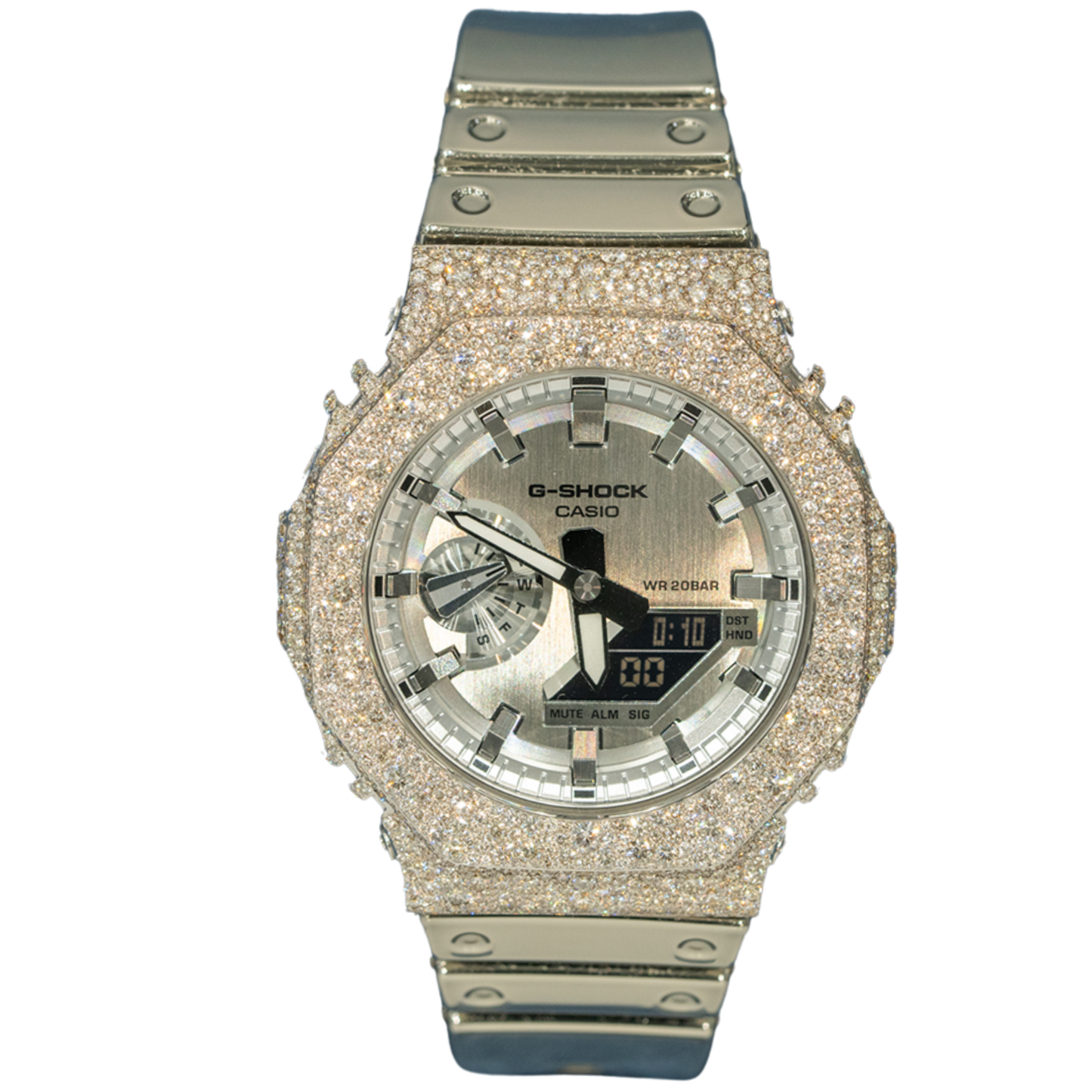 Casio GShock GM2100 White Gold Silver Dial Bussdown Mosaic Setting with Metallic Strap - 8.20 cts