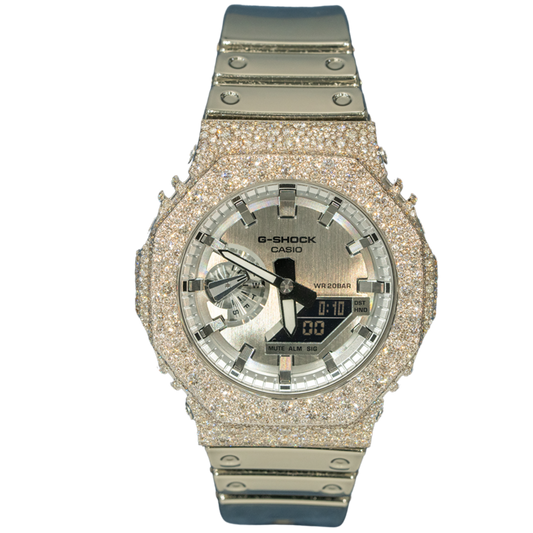 Casio GShock GM2100 White Gold Silver Dial Bussdown Mosaic Setting with Metallic Strap - 8.20 cts