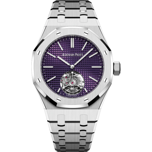 Royal Oak Selfwinding Flying Tourbillon Extra-Thin 50th Anniversary 37MM Stainless Steel Bracelet Plum Dial With Petite Tapisserie Pattern Stainless Steel Case